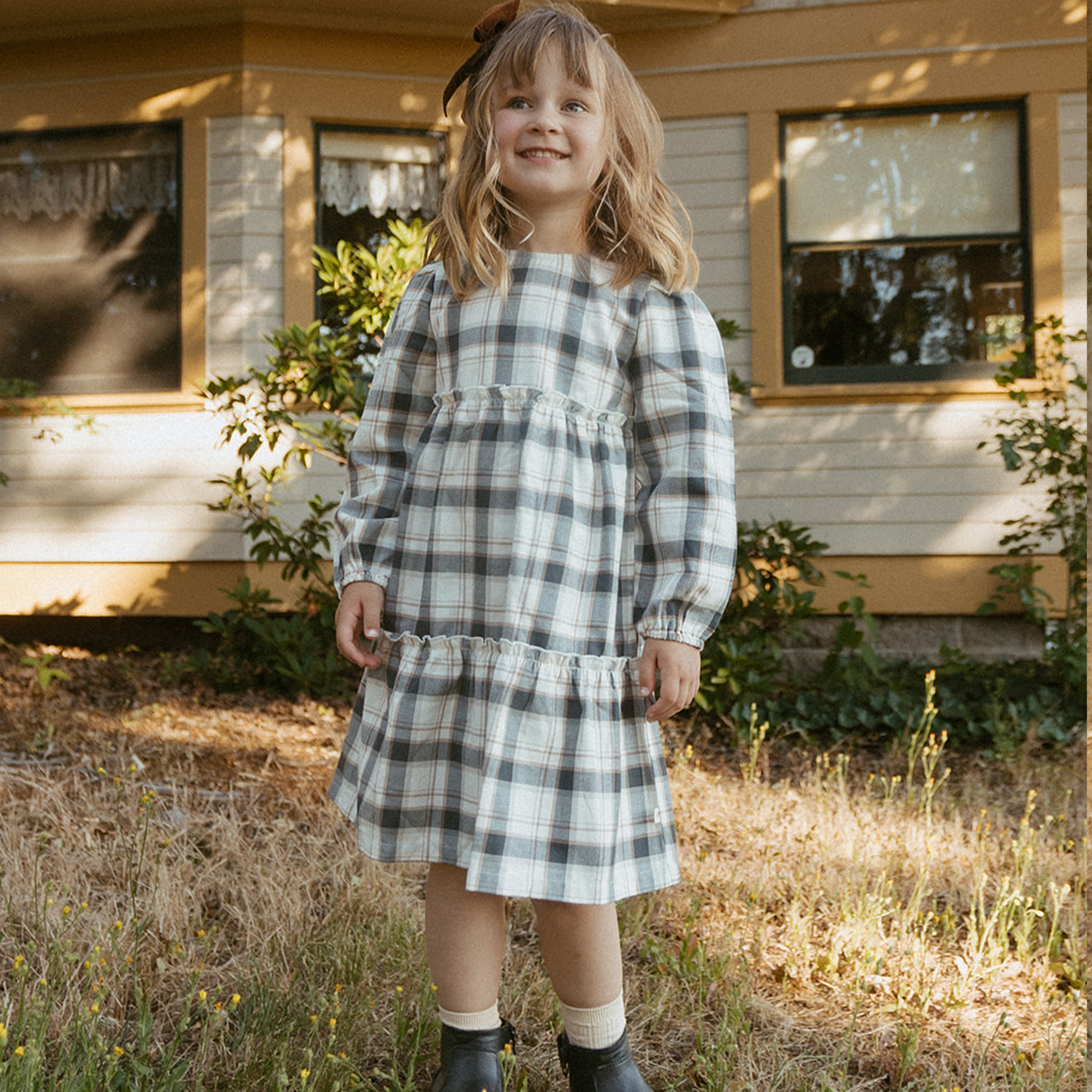 Organic Long Sleeve Tiered Dress - Plaid Checks - Makemake Organics
