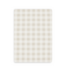 A minimalist gingham pattern in subtle beige and white tones, displayed on a flat surface with square shapes and soft shadowing from the Makemake Organics Mini Crib Fitted Sheet Set- Blossom & Plaid.