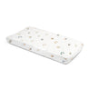 A white Makemake Organics baby mattress with a colorful pattern of rainbows on a plain white background.