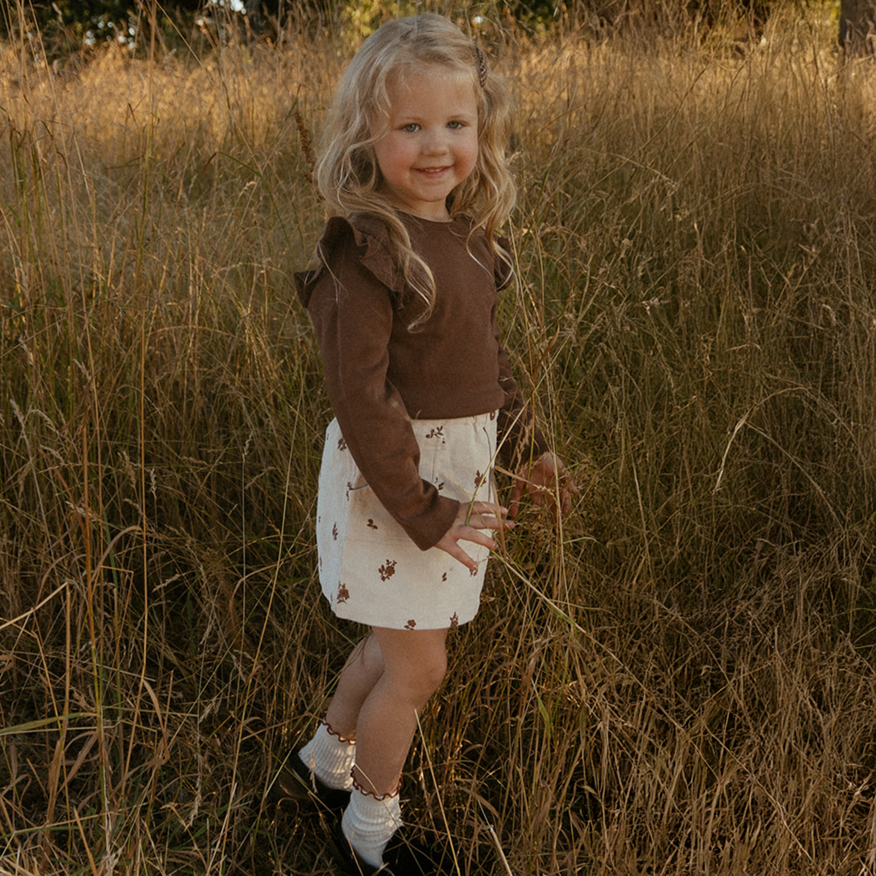 Organic Ruffle Long Sleeve Top Set of 2 - Birch + Dark Brown - Makemake Organics