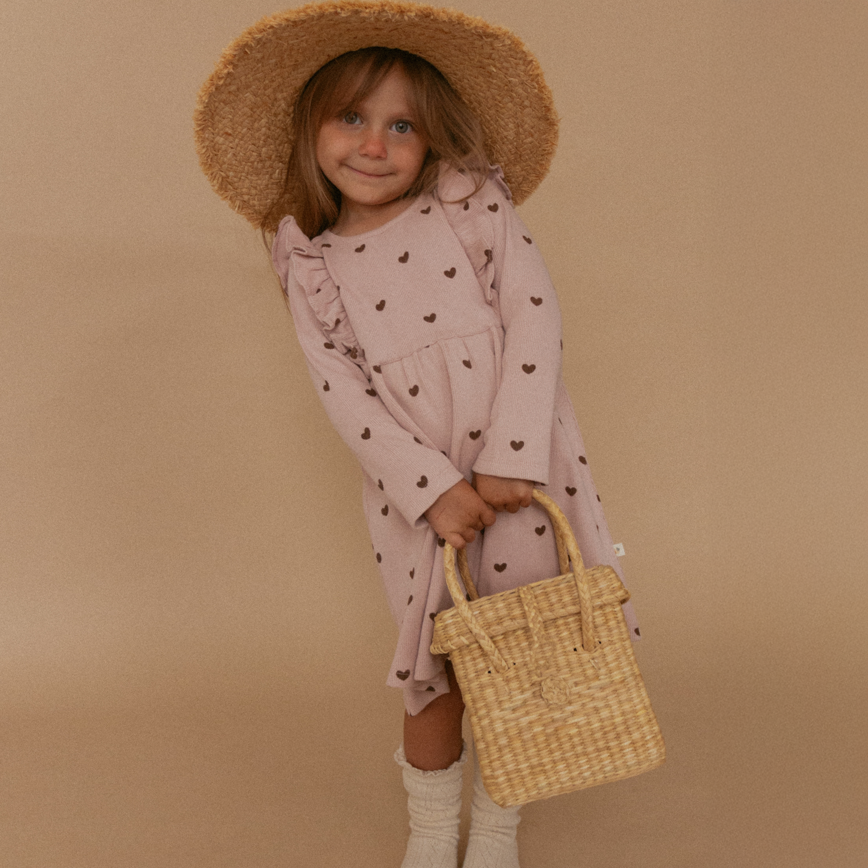 Organic Long Sleeve Ruffle Dress - Hearts - Makemake Organics