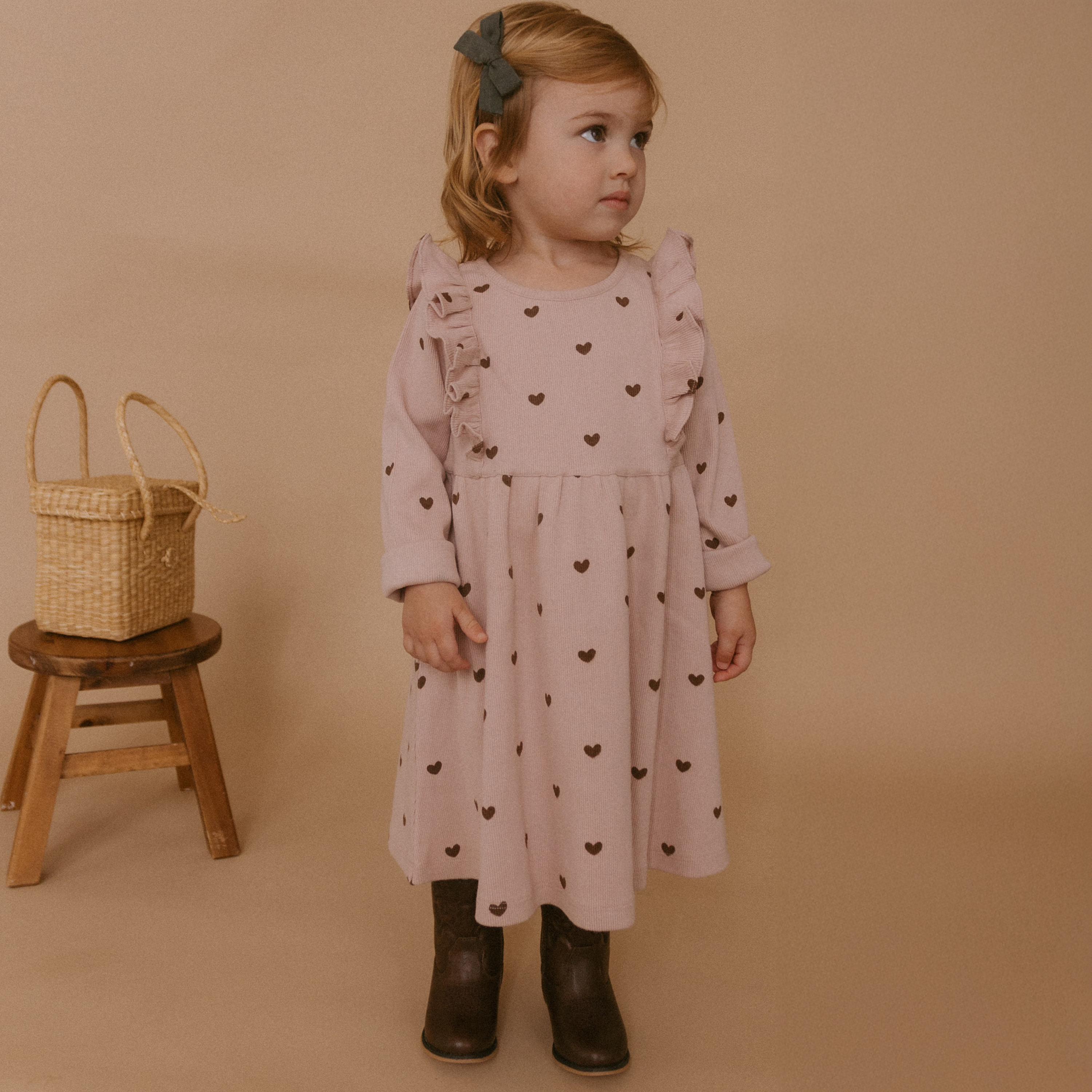 Organic Long Sleeve Ruffle Dress - Hearts - Makemake Organics