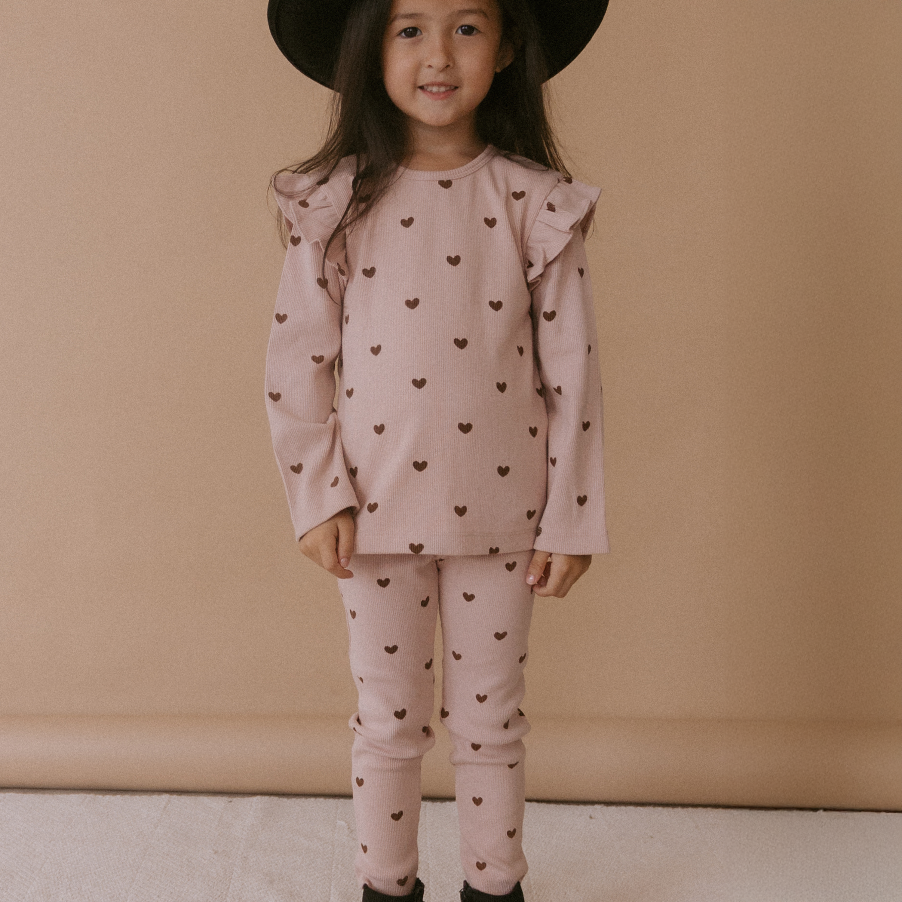 Organic Ruffle Long Sleeve Top Set of 2 - Hearts + Dusty Rose - Makemake Organics