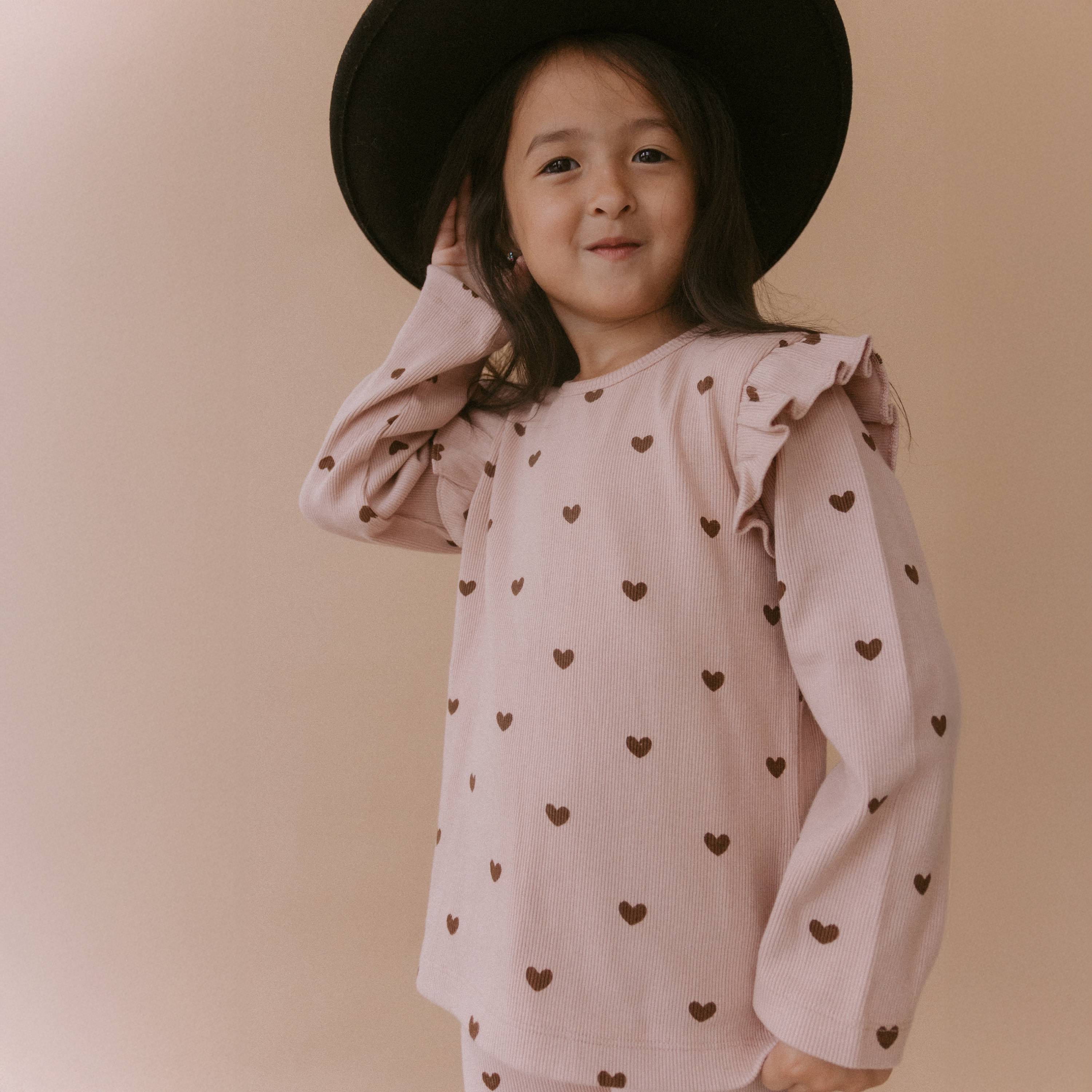 Organic Ruffle Long Sleeve Top Set of 2 - Hearts + Dusty Rose - Makemake Organics
