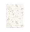 A Makemake Organics notebook with a beige cover featuring a subtle, detailed pattern of various safari animals, including giraffes, elephants, and lions, amidst trees and plants.