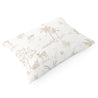 A rectangular pillowcase made with organic cotton and featuring a pattern of various jungle animals and plants in a soft brown tone, photographed against a white backdrop by Makemake Organics.