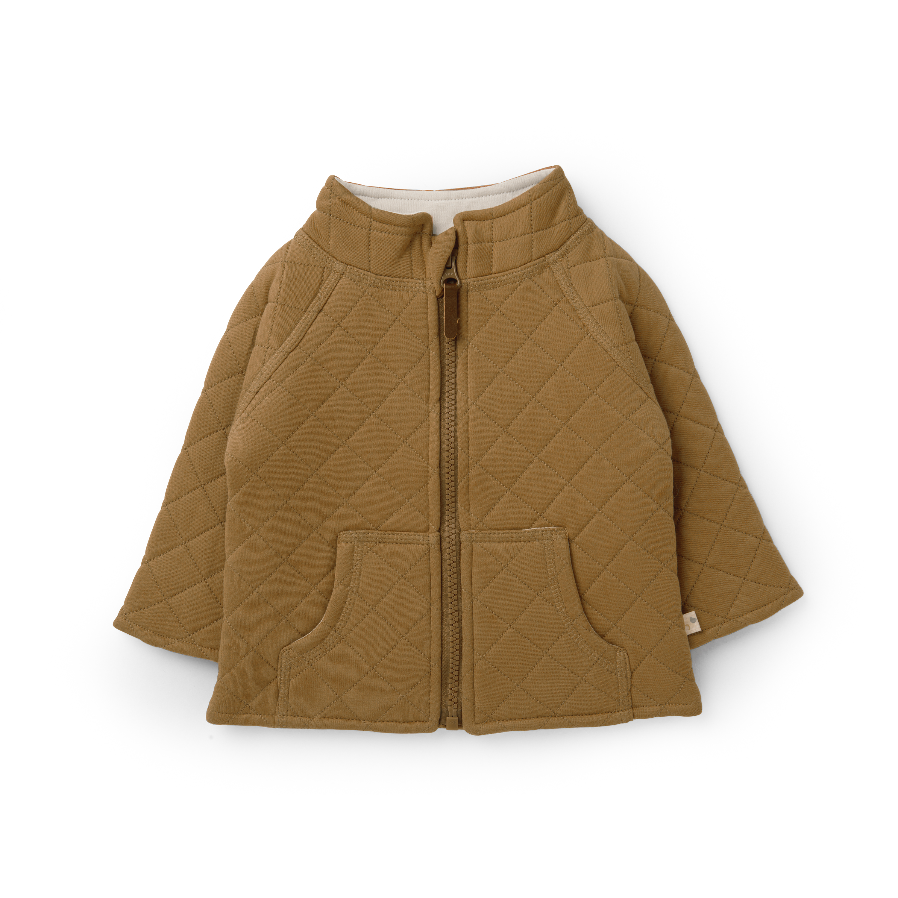 A tan Organic Merino Wool Zip Jacket from Organic Kids with a full-length zipper and two front pockets, displayed against a white background. The jacket has a rounded neck and appears lightweight.