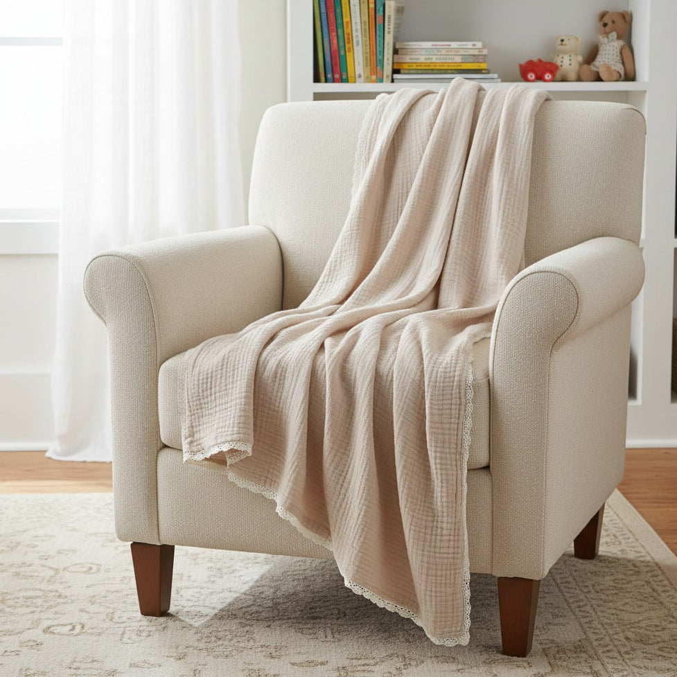 Organic Baby Blanket Muslin - Taupe + Natural Lace - Makemake Organics