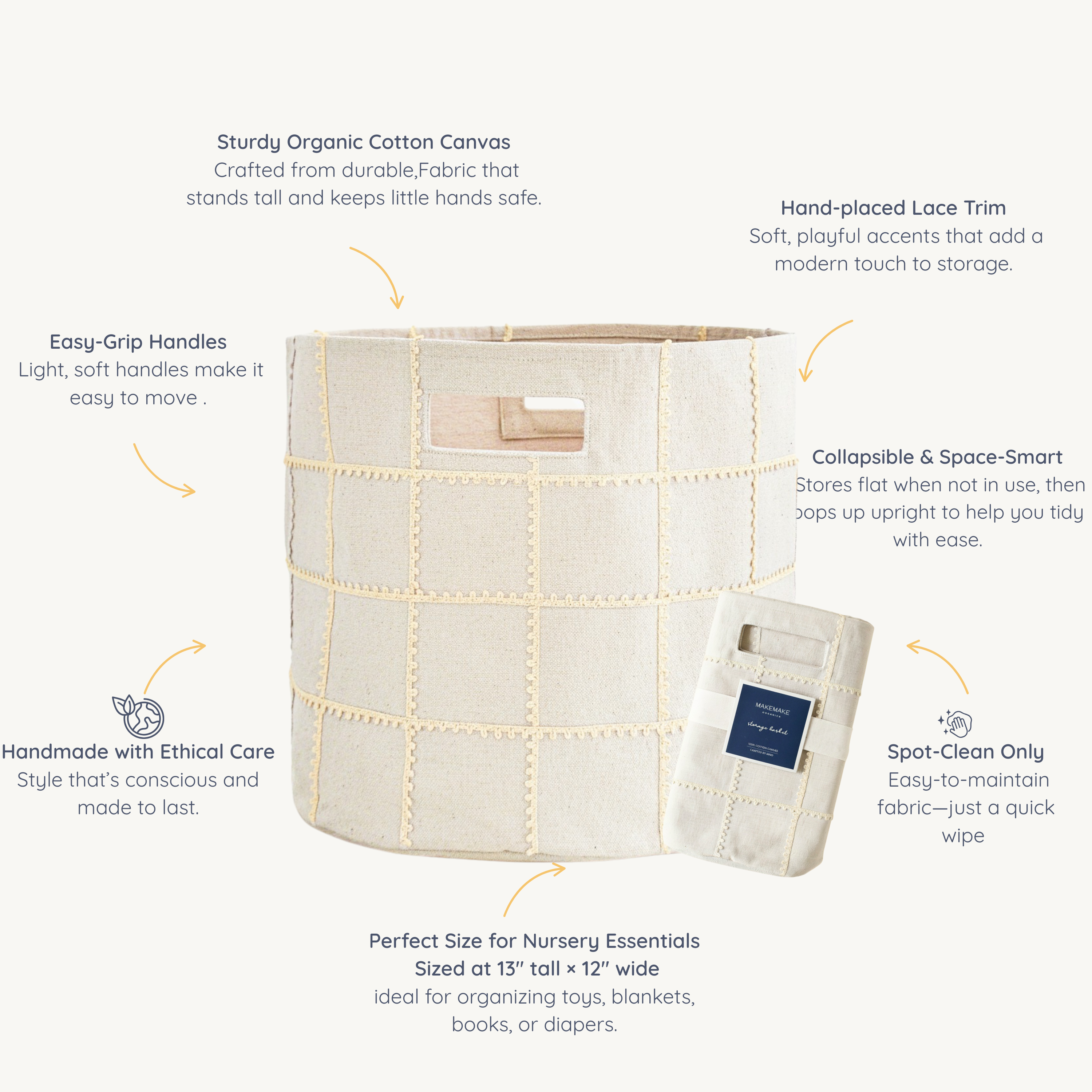 Handmade Canvas Storage Basket Mesh Lace -Oat - Makemake Organics