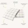 Image of a folded Makemake Organics Organic Cotton Toddler Pillowcase - Plaid with labels highlighting features: "extra deep 8” envelope closure," "ultra soft & hypoallergenic," "non-toxic", "certified gots cotton," and "plush 300tc.