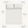 An illustration of a Wild Organic Cotton Sheet Set displaying two pillowcases with a floral pattern, highlighting features like its plush 300 thread count sateen, GOTS certification, non-toxic and organic material, ultra-soft and breathable fabric, and snug elastic fit by Makemake Organics.