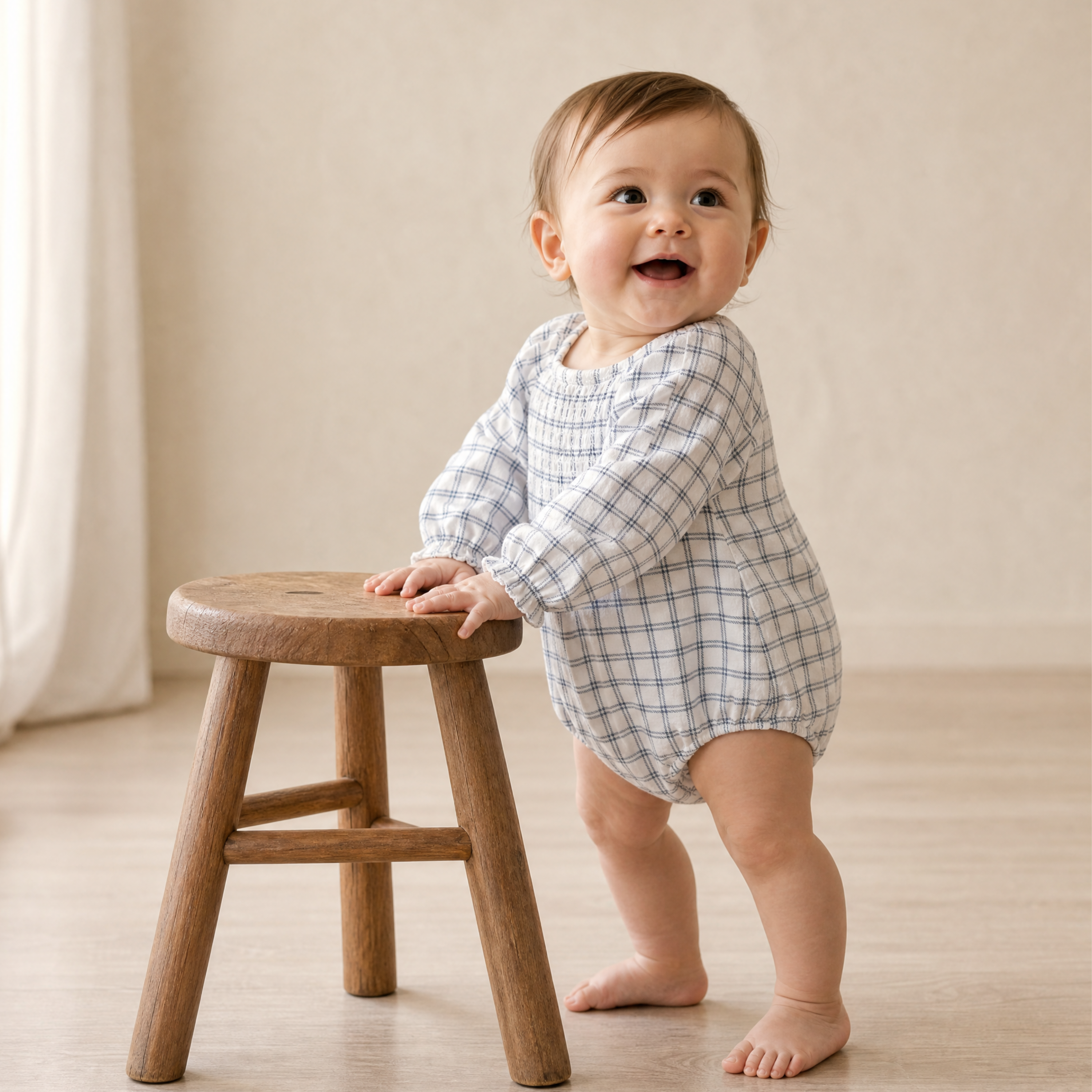 Organic Smocked Long Sleeve Romper - Window Plaids