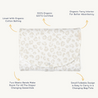 A graphic image showing a Wild changing pad with a gray abstract pattern. arrows point to features: organic cotton batting, terry interior, elastic bands, and small design for easy tote carry.