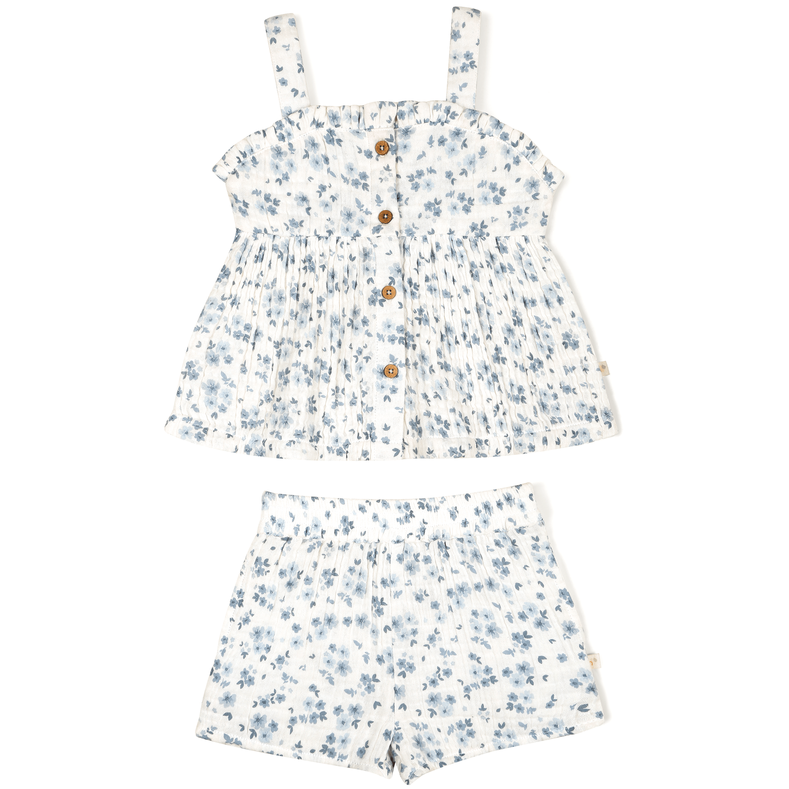 A toddler's outfit comprising a Organic Muslin Peplum Top and Shorts Set in periwinkle, displayed on a white background. Brand name: Makemake Organics.