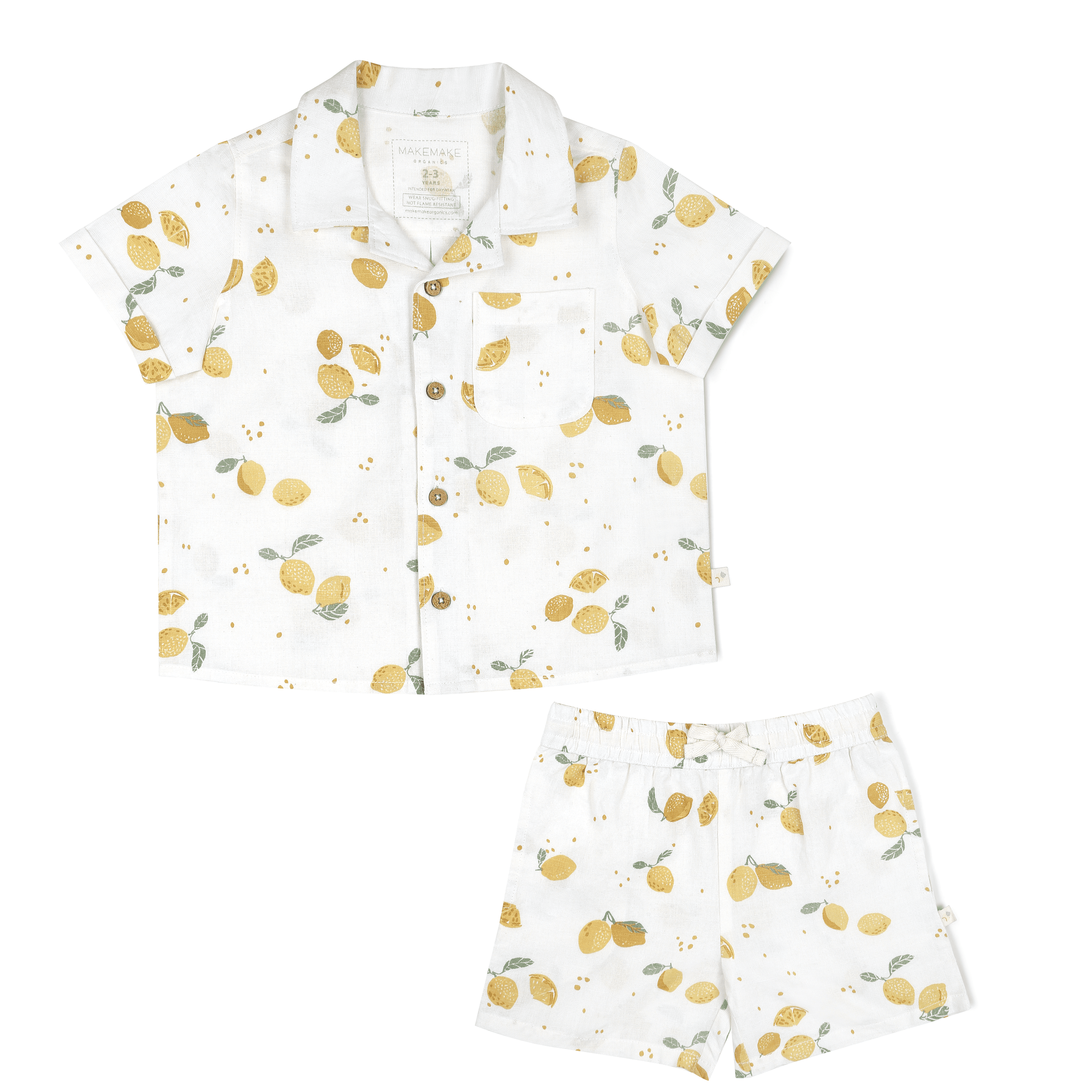 A toddler's Makemake Organics Organic Linen Shirt and Shorts Set in Citron, displayed flat on a white background.