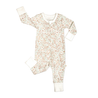 A toddler's Organic 2-Way Zip Romper - Summer Floral by Makemake Organics, with a zipper, presented on a white background. The garment features long sleeves and cuffs in muted tones of pink and green.