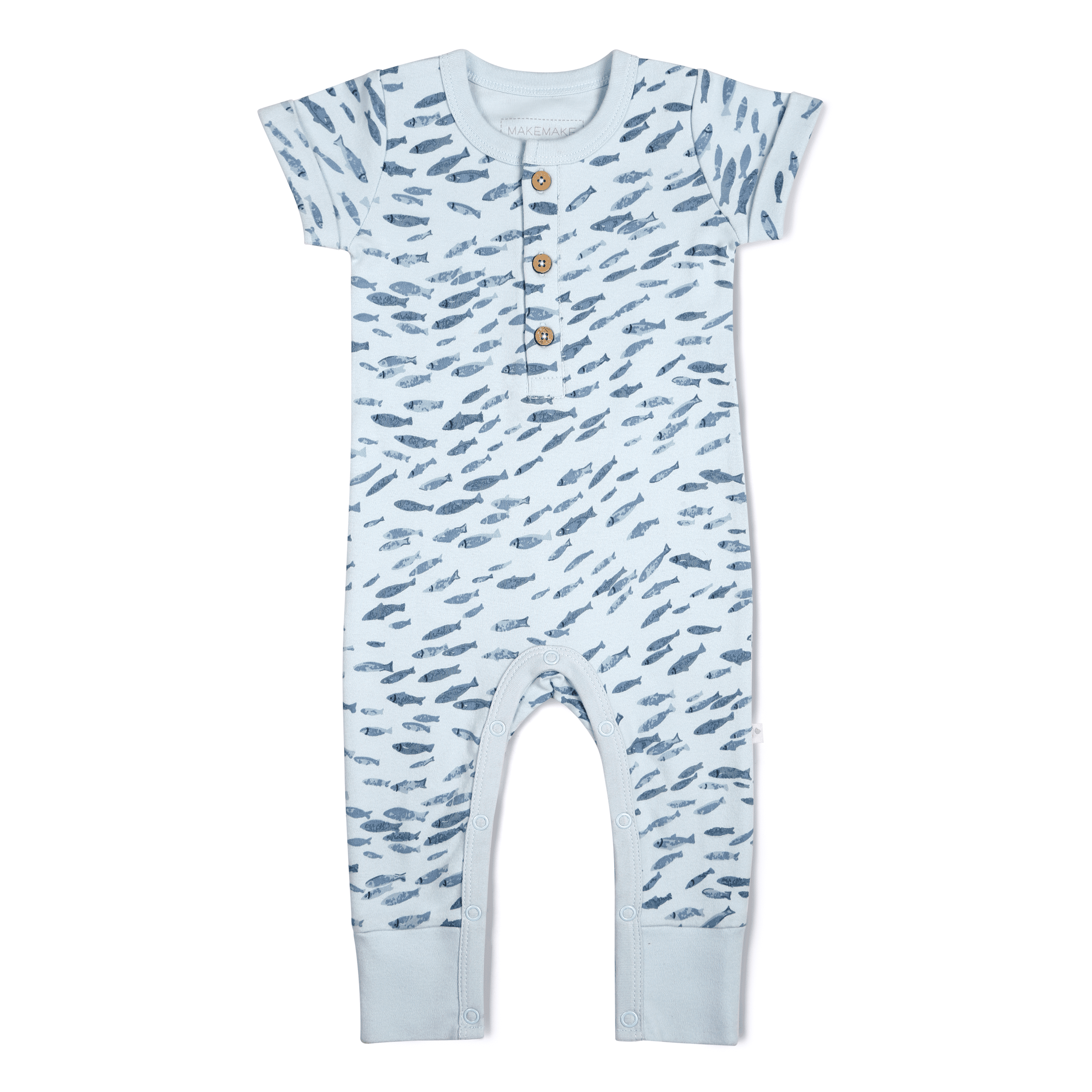Blue and white Organic Short Sleeve Button Romper by Makemake Organics with an all-over feather print, featuring short sleeves and snap buttons for easy dressing, displayed on a white background. Suitable for a baby boy.