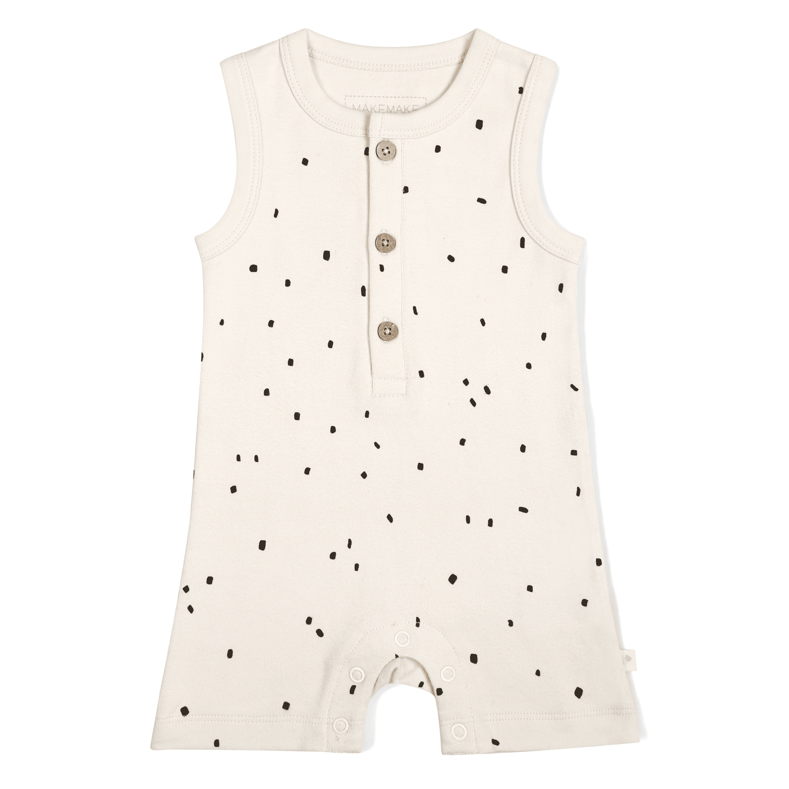 A sleeveless, cream-colored toddler onesie with black polka dots, featuring a round neckline, three wooden button closures at the chest, and snap fasteners at the crotch. - Makemake Organics' Organic Sleeveless Short Romper in Pixie Dots