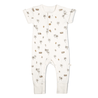 A white baby onesie with a tropical print featuring palm trees, surfboards, and vans, displayed on a plain background, perfect for a baby boy - Organic Short Sleeve Button Romper from Makemake Organics.