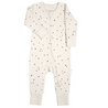 A cream-colored toddler onesie with a pattern of small black dots, featuring a full-length zipper and fold-over cuffs on a white background, the Organic 2-Way Zip Romper - Pixie Dots from Makemake Organics.