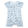 A toddler's light blue romper with small dark blue fish prints, featuring short sleeves, a round neckline, and a zipper running down the front. Organic Short Zip Romper - Minnow by Makemake Organics.