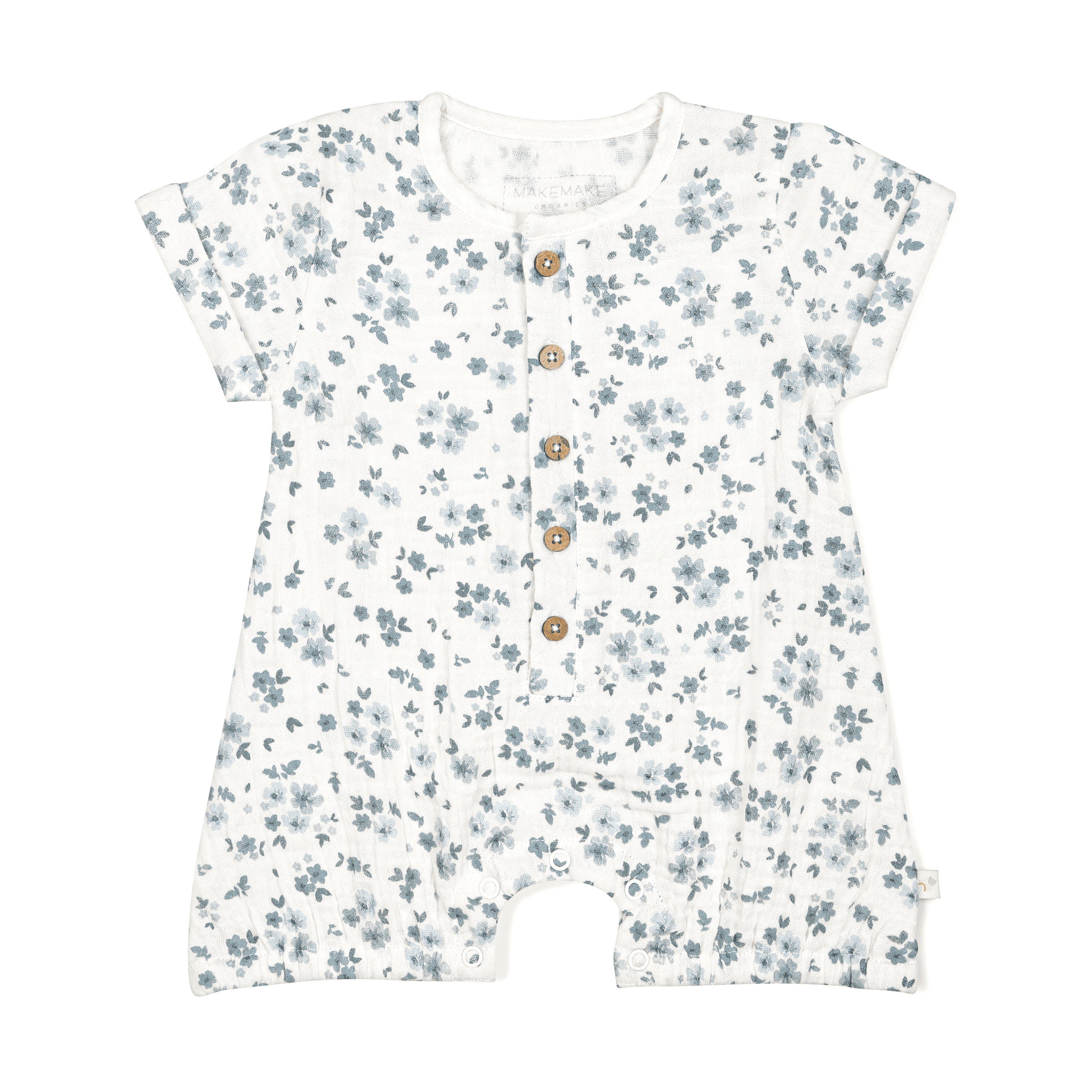 A white toddler romper with a delicate blue floral pattern and snap buttons on the front, displayed flat on a white background. 

Product Name: Organic Muslin Short Bubble Romper - Periwinkle 
Brand Name: Makemake Organics