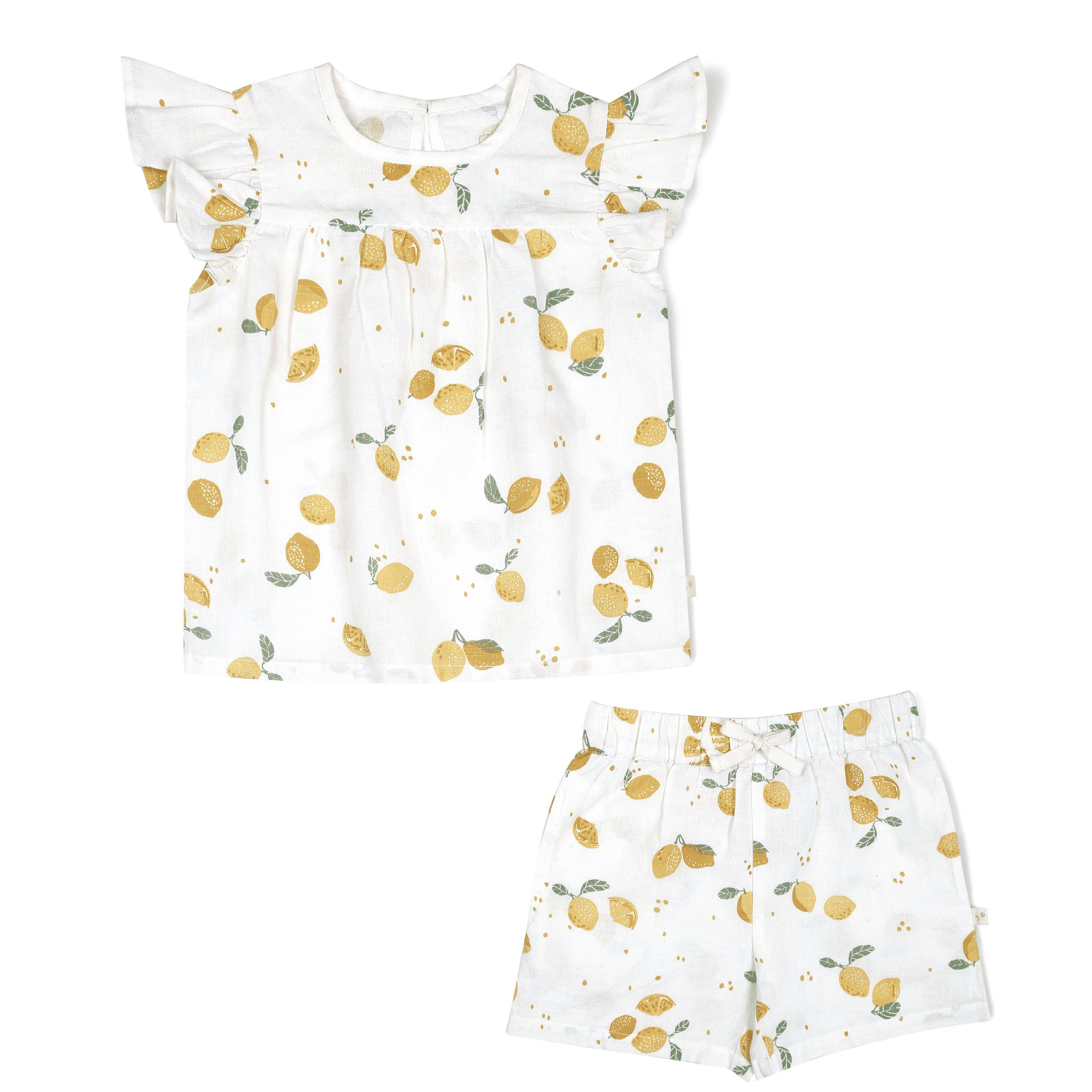 A Makemake Organics Organic Linen Flutter Top and Shorts in Citron, consisting of a flutter sleeve top and matching shorts adorned with a pattern of gold and green lemons. The set is displayed flat on a white background.