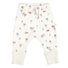 Organic Harem Pants - Malibu toddler joggers with an all-over tropical print featuring palm trees, surfboards, and vans, designed with ribbed cuffs and a drawstring waist by Makemake Organics.