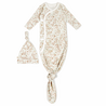 A Organic Kimono Knotted Sleep Gown - Summer Floral with a knot at the bottom, paired with a matching hat, displayed on a white background by Makemake Organics.