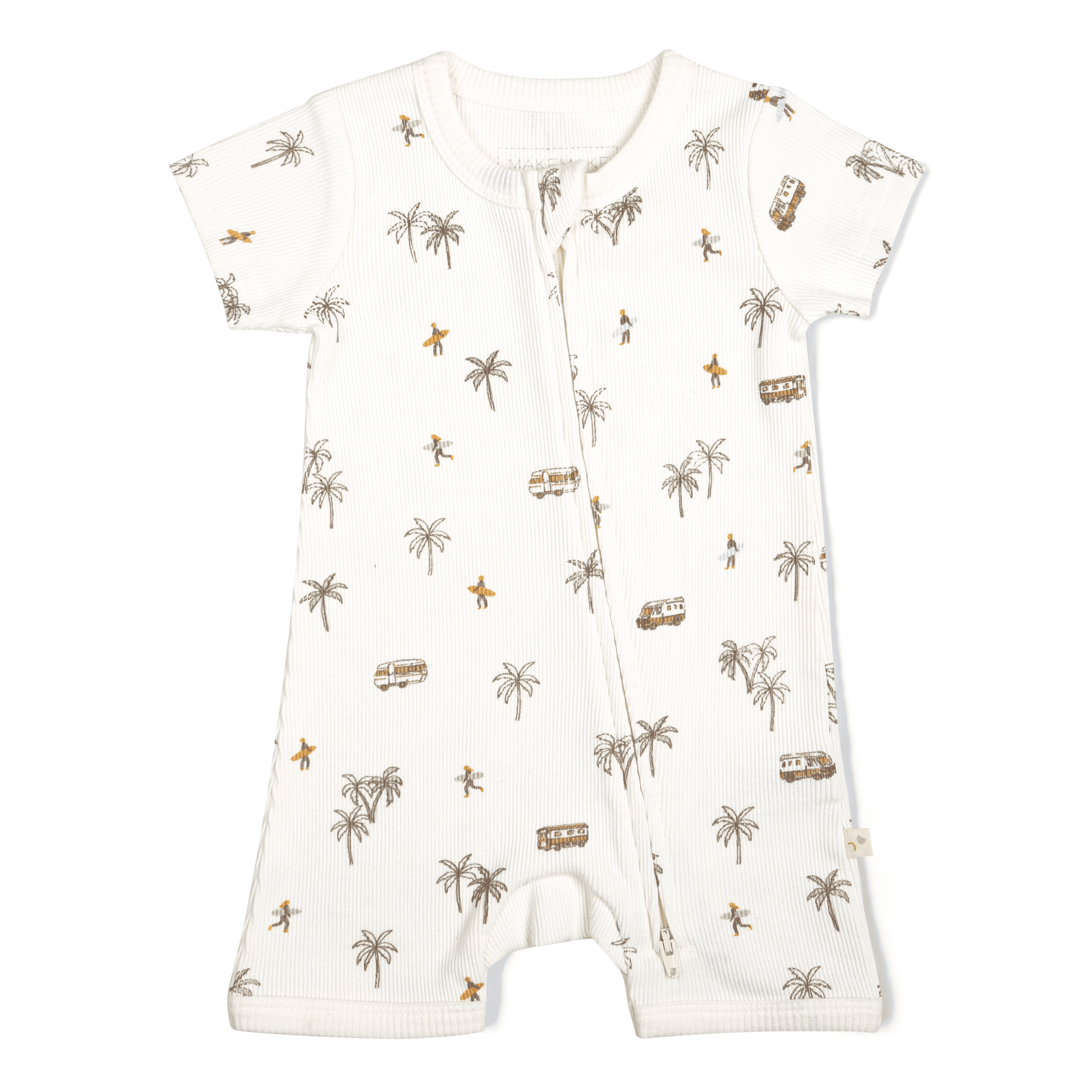 A white Organic Short Zip Romper - Malibu decorated with a tropical print featuring palm trees, surfboards, and vans, displayed on a plain white background. Ideal for both boy and girl babies by Makemake Organics.