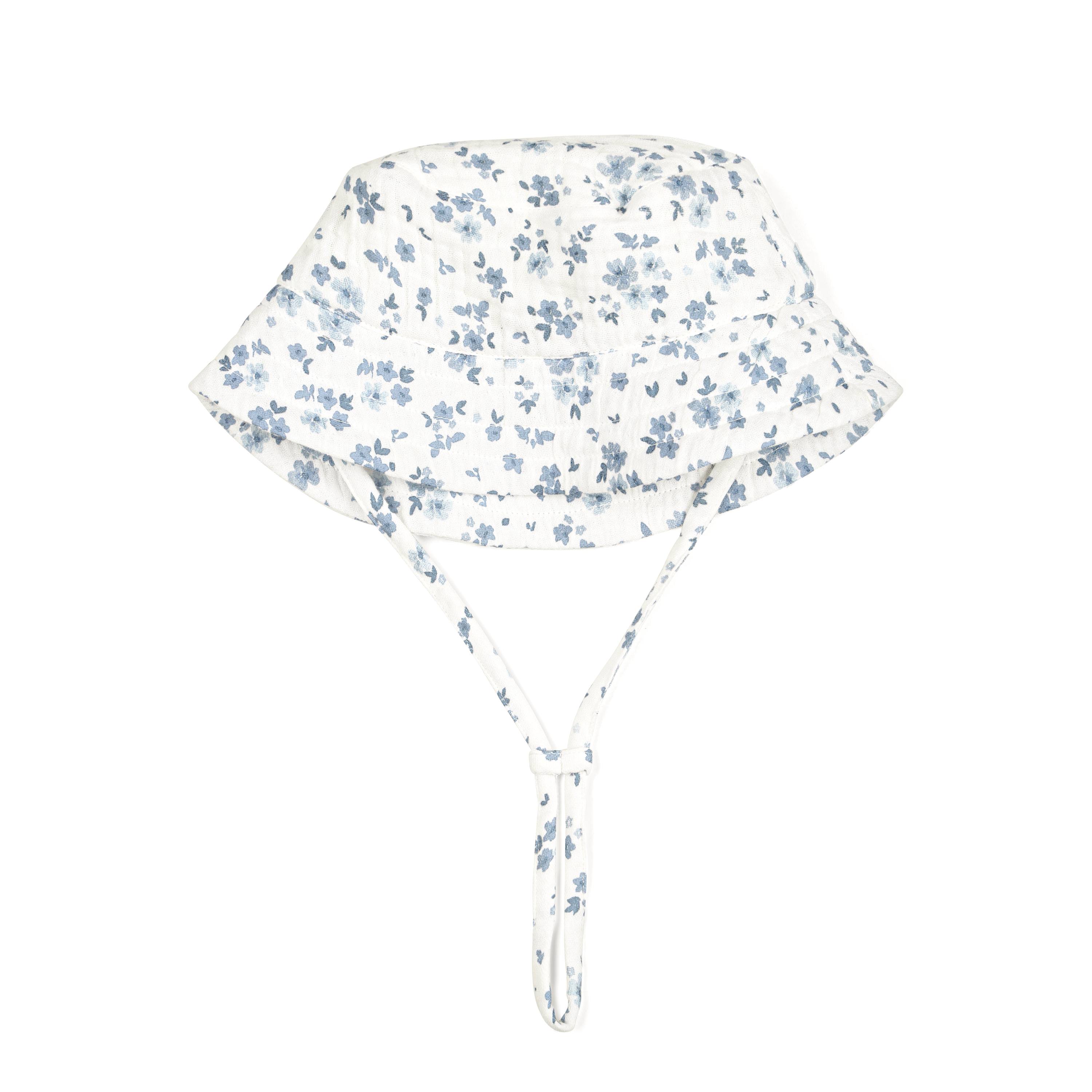 A toddler bonnet with a floral pattern in shades of blue and green, featuring a soft brim and adjustable chin strap, displayed against a white background. Product: Organic Muslin Bucket Sun Hat - Periwinkle Brand: Makemake Organics