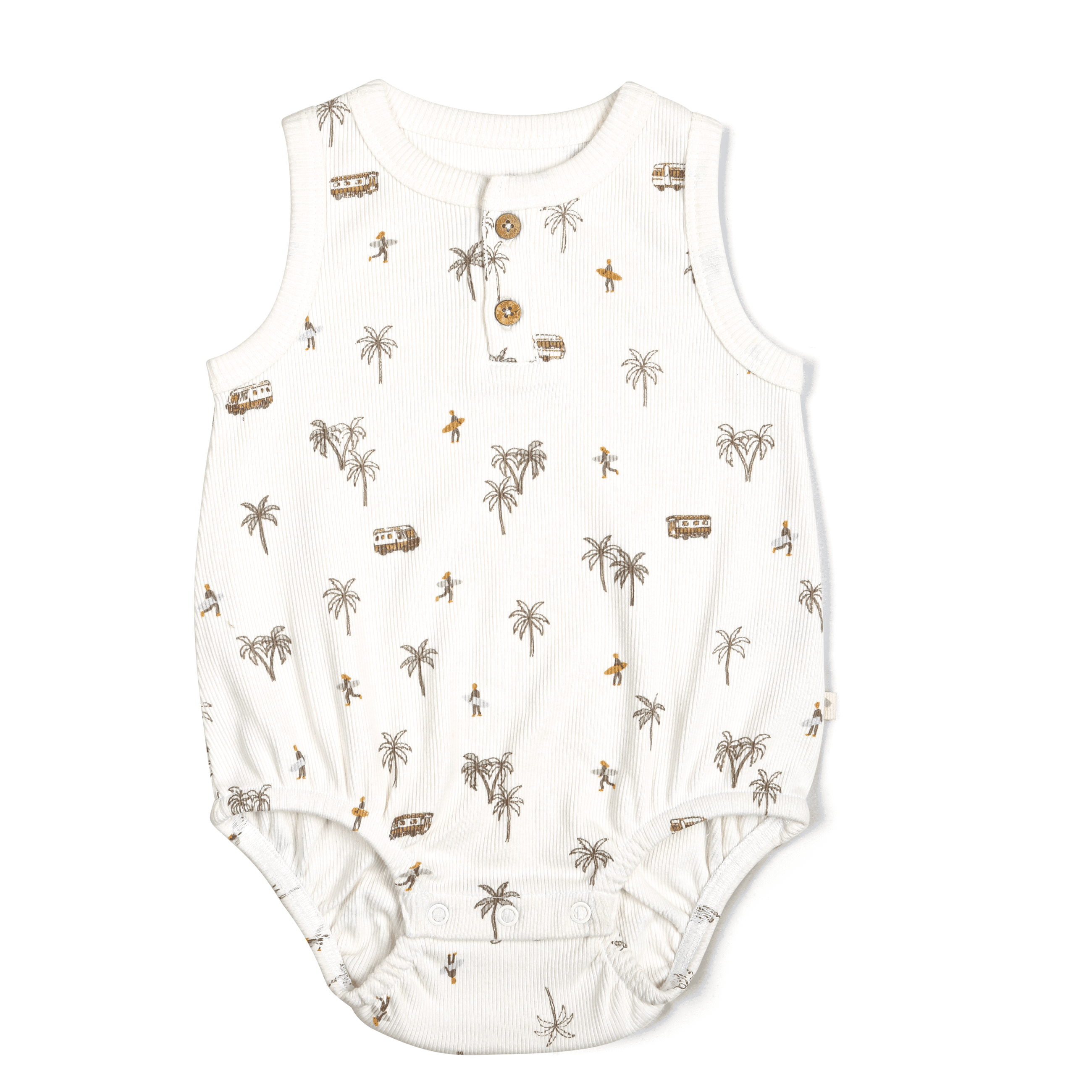 A sleeveless white toddler romper featuring a tropical print with palm trees, surfboards, and starfish, laid out flat on a plain white background. This is the Makemake Organics Organic Bubble Onesie - Malibu.
