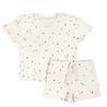 A white children's Organic Tee and Shorts Set - Pixie Dots by Makemake Organics, consisting of a short-sleeved t-shirt and shorts, both adorned with a black dot pattern, displayed on a white background.