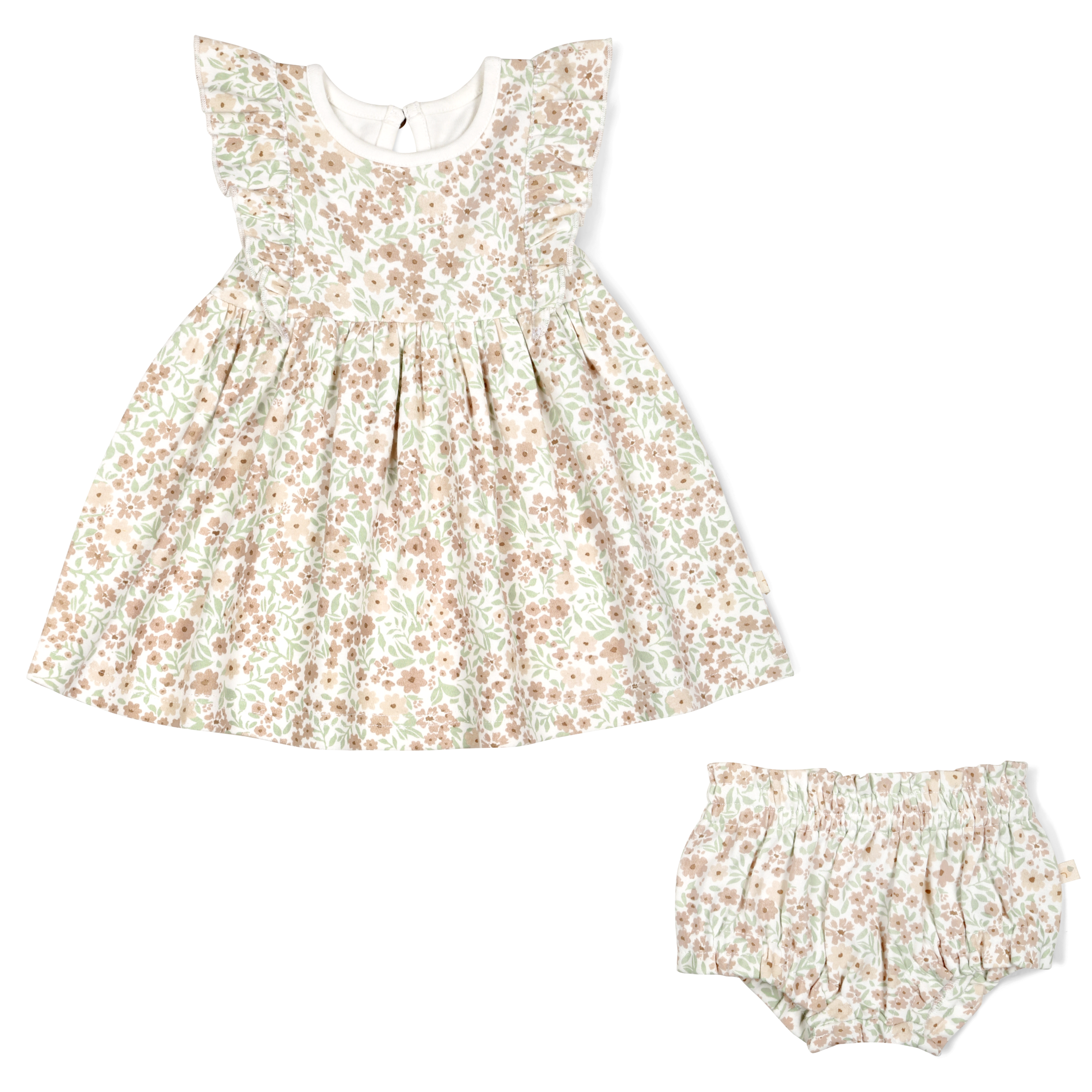 A Summer Floral Organic Flutter Dress with matching bloomers, displayed on a white background. The dress has sleeveless arms and a gathered waistline by Makemake Organics.
