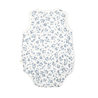 A sleeveless baby bodysuit with a white background and small blue floral pattern, displayed flat on a plain white surface, perfect for a baby girl. This is the Organic Muslin Bubble Onesie in Periwinkle by Makemake Organics.