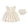 A Makemake Organics Organic Flutter Dress - Summer Floral with cap sleeves and a matching pair of bloomers, displayed on a white background.