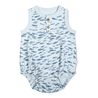 Toddler romper with a sleeveless design, featuring a pattern of blue and grey fish, equipped with button closures at the shoulders and snaps at the bottom for easy dressing - Makemake Organics Organic Bubble Onesie in Minnow.