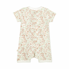 A toddler onesie with short sleeves and legs featuring a floral pattern in pastel colors on a white background, displayed on a plain white surface.