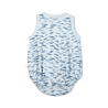 A toddler's sleeveless sleeping bag with a blue and gray feather pattern on a white background, displayed flat.