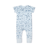 A baby boy onesie with a light blue background covered in a pattern of small gray fish, designed with short sleeves and snap closures at the legs.
Product Name: Organic Short Sleeve Button Romper - Minnow
Brand Name: Makemake Organics