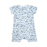 A toddler's blue Organic Short Zip Romper by Makemake Organics with an allover print of small grey fish, displayed flat on a white background. The outfit has short sleeves and snap closures at the crotch for easy dressing.