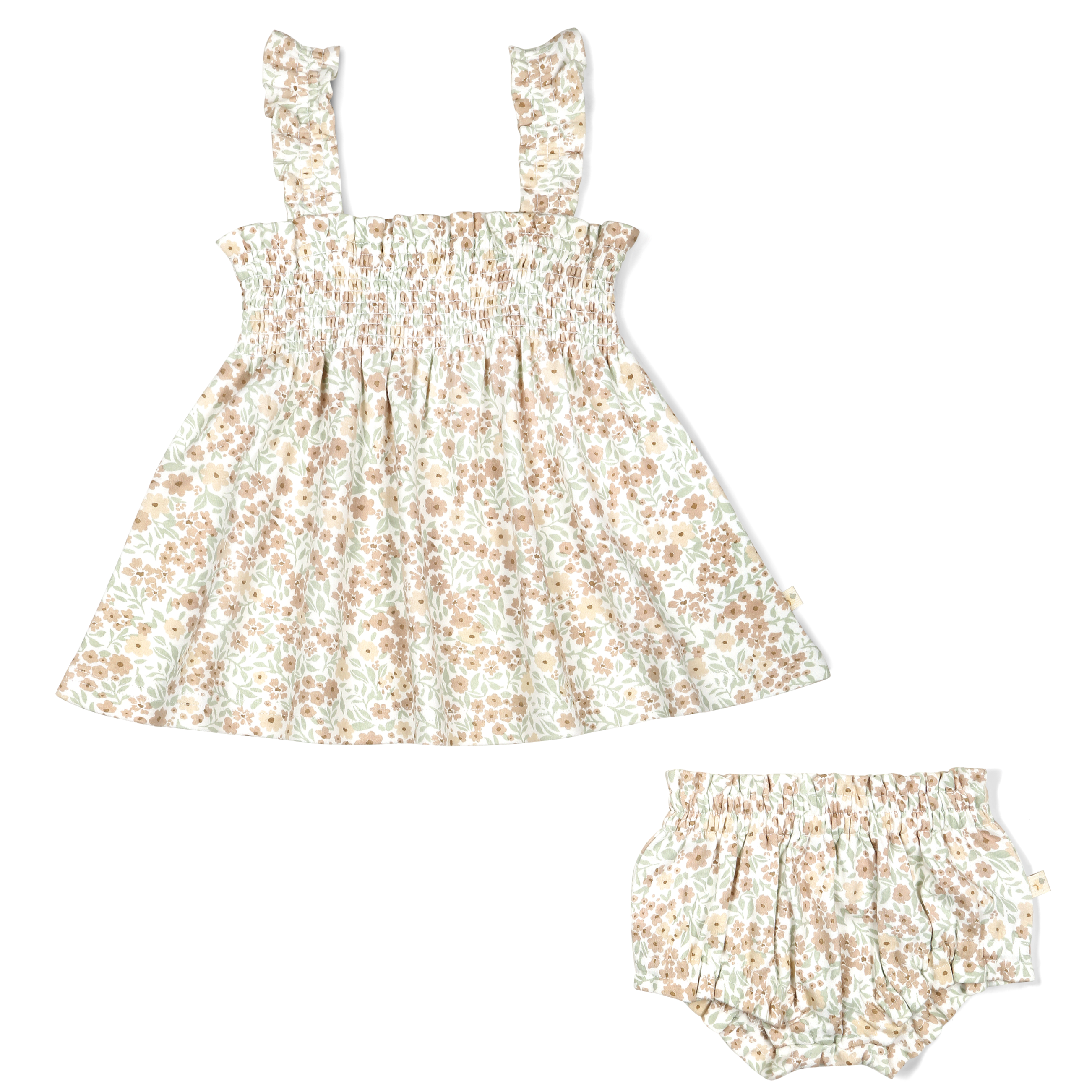 An Organic Smocked Dress - Summer Floral by Makemake Organics with spaghetti straps and a matching bloomer set, displayed on a white background.