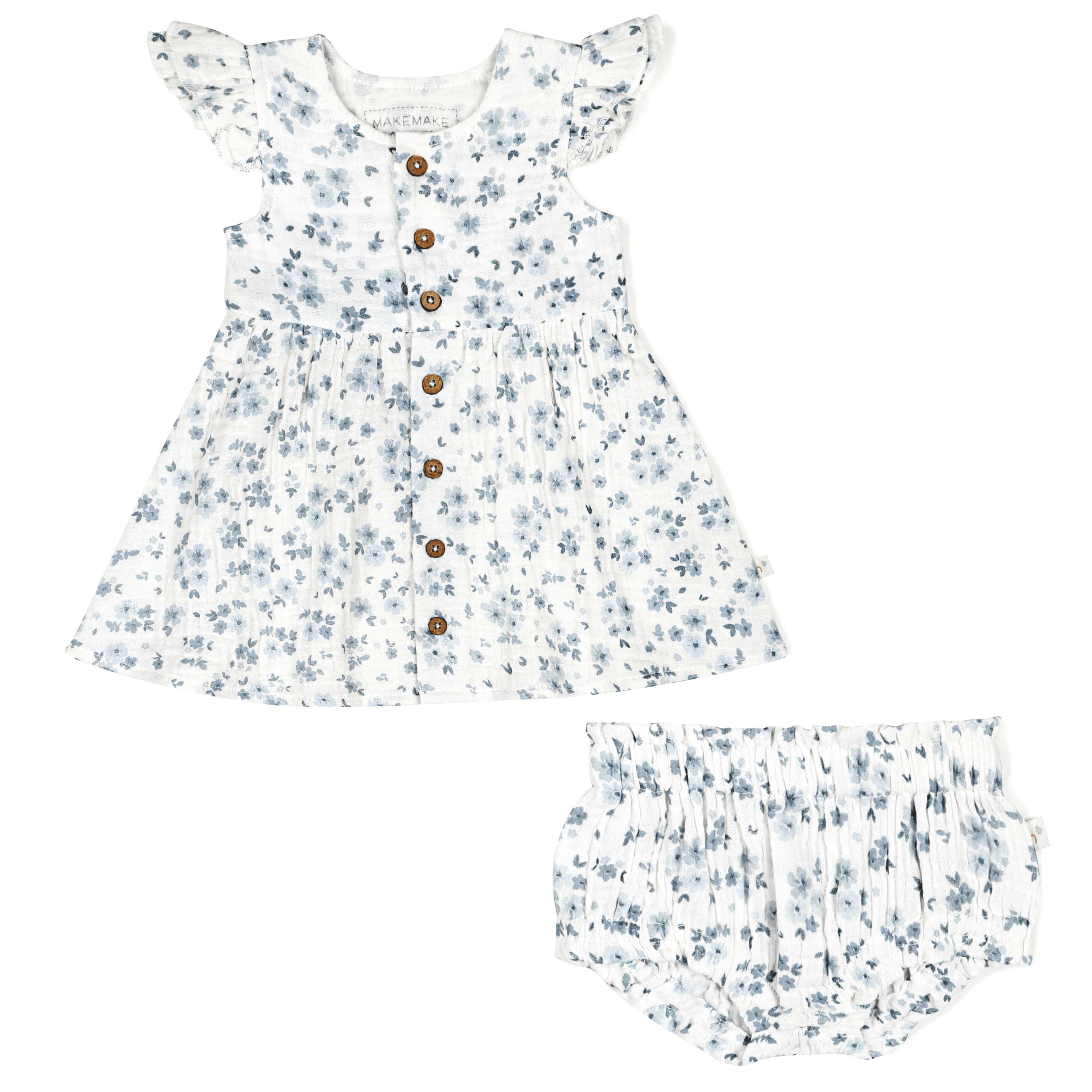 A white floral patterned baby girl dress with ruffled sleeves and matching bloomers, featuring front brown buttons, displayed on a white background. 

Replace with: Organic Muslin Button Flutter Dress - Periwinkle by Makemake Organics