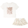 A white Makemake Organics Boxy Tee with a brown floral design and the phrase "be kind" paired with a Makemake Organics Skort Set in Summer Floral print featuring small colorful flowers, both laid flat on a white background.