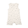White Organic Sleeveless Short Romper with black Pixie Dots, displayed on a plain background by Makemake Organics.