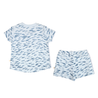 Blue and white feather-printed Makemake Organics Organic Tee and Shorts Set displayed on a white background.