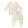 Toddler's Organic Kimono Top & Pants Set - Summer Floral, by Makemake Organics, featuring floral pattern with long-sleeve wrap top and matching pants, displayed on a plain white background.