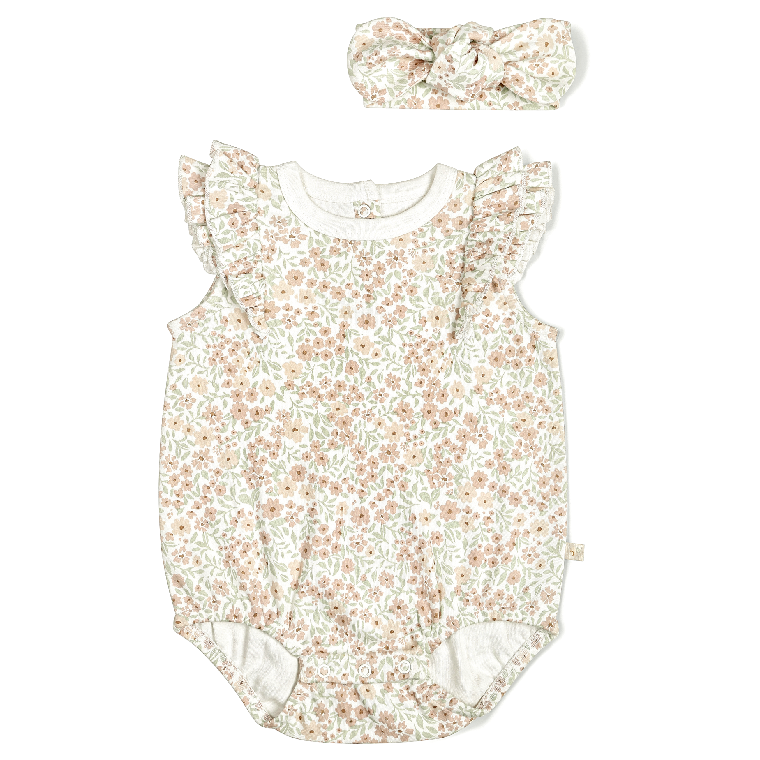 Toddler's Organic Flutter Bubble Onesie in Summer Floral print with ruffle trim, accompanied by a matching bow headband, displayed on a white background. (Brand: Makemake Organics)