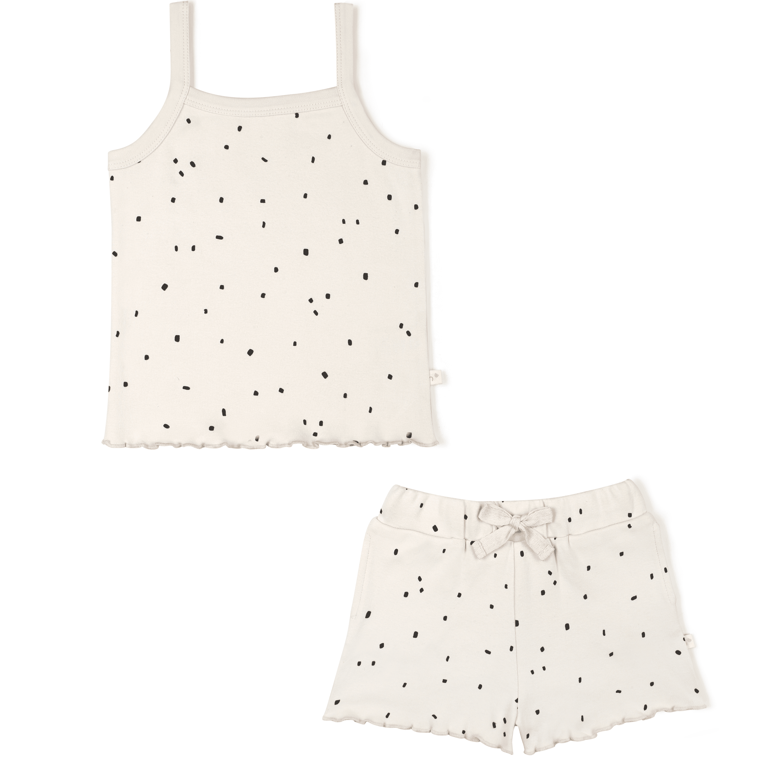 Matching Organic Spaghetti Top & Shorts Set - Pixie Dots for a toddler girl by Makemake Organics featuring a tank top and shorts with a drawstring waist, displayed on a white background.