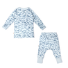 A two-piece baby outfit featuring a long-sleeve shirt and matching pants, both adorned with a small blue feather print on a white background, displayed flat on a white surface. The Organic Kimono Top & Pants Set by Minnow from Makemake Organics.